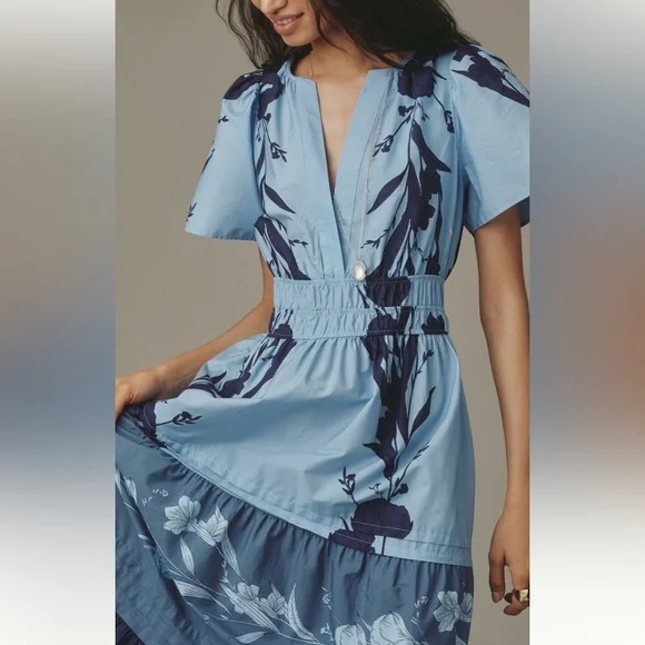 Anthropologie Somerset Blue Floral Tiered Maxi Dress NWT XS Boho Viral Spring - Picture 4 of 12